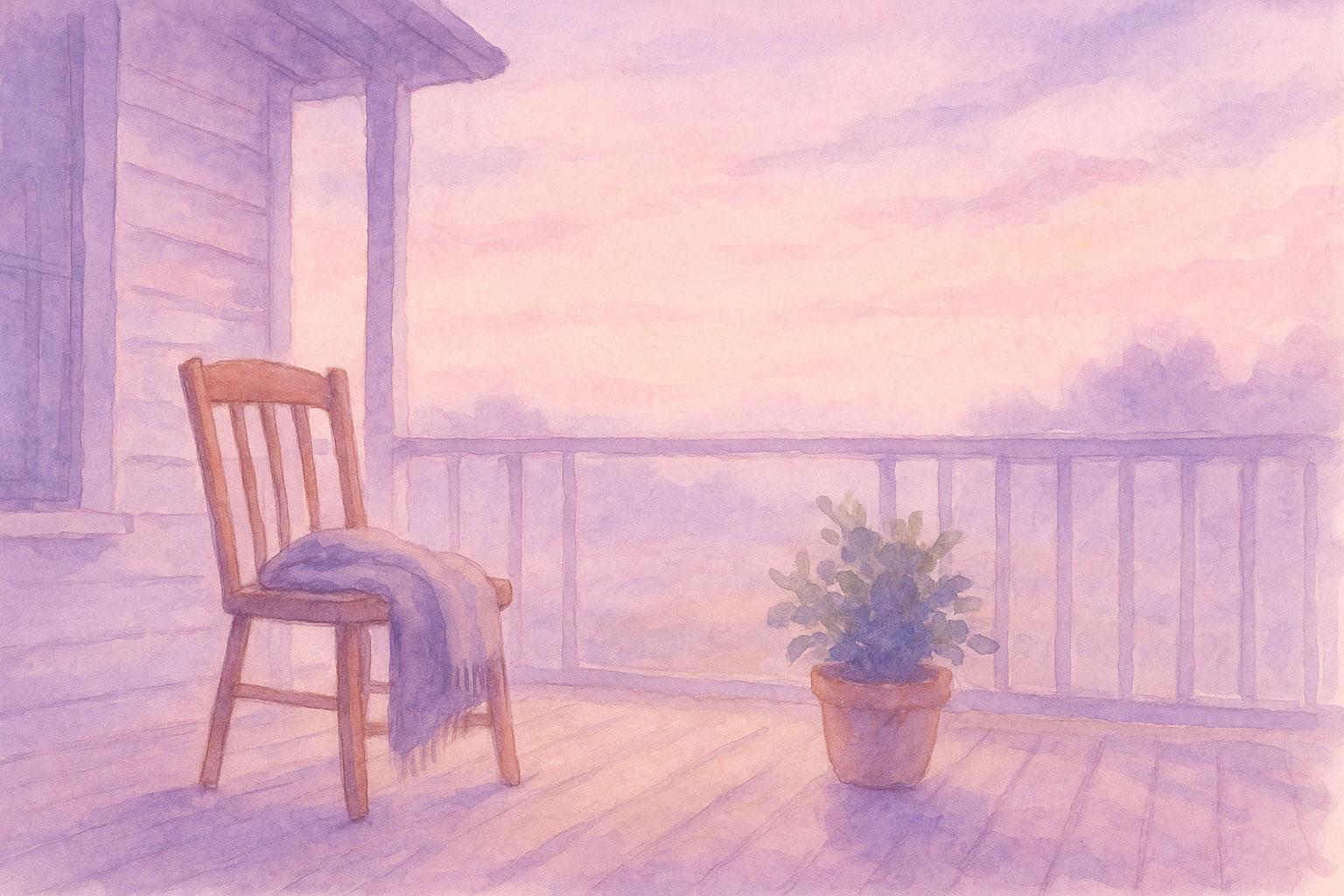 Soft watercolor porch at dawn suggesting the power of saying no to protect restful space.