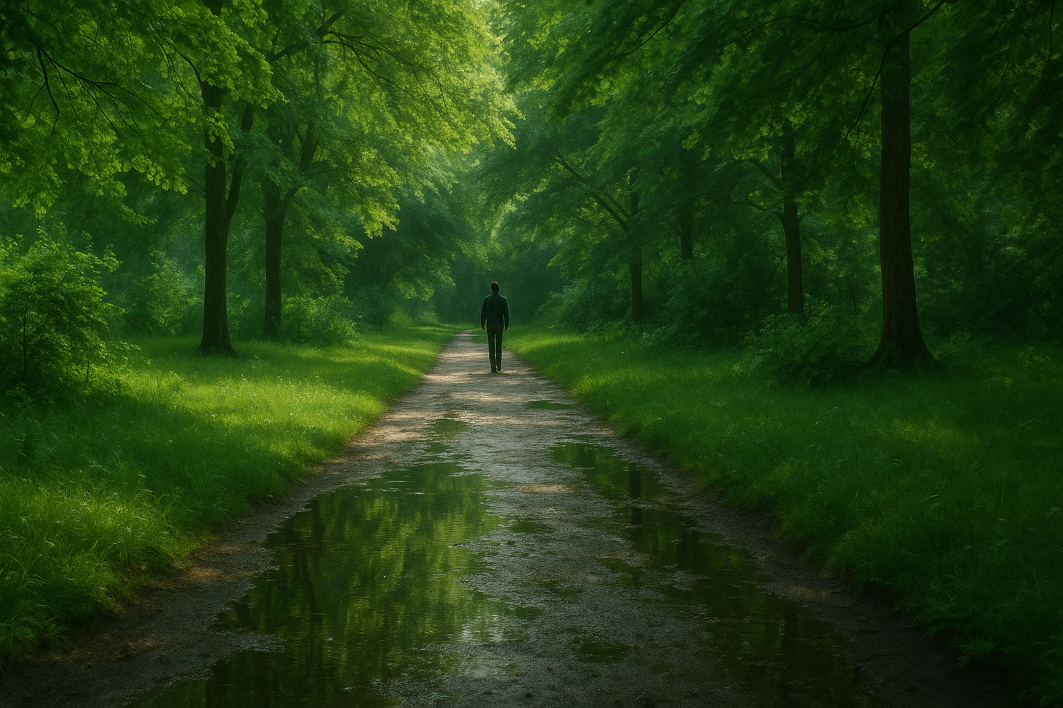 Rain-washed path with a lone walker under trees, honoring the power of saying no to hurry.