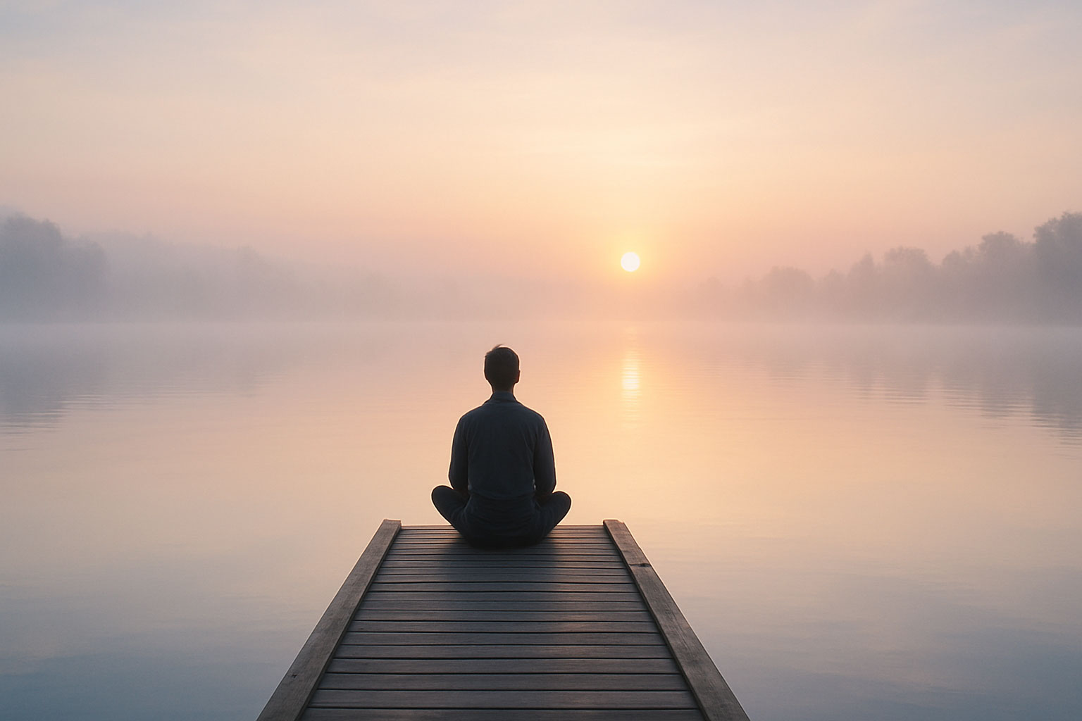 Person sitting quietly on a misty dock at sunrise, finding peace through the power of saying no.