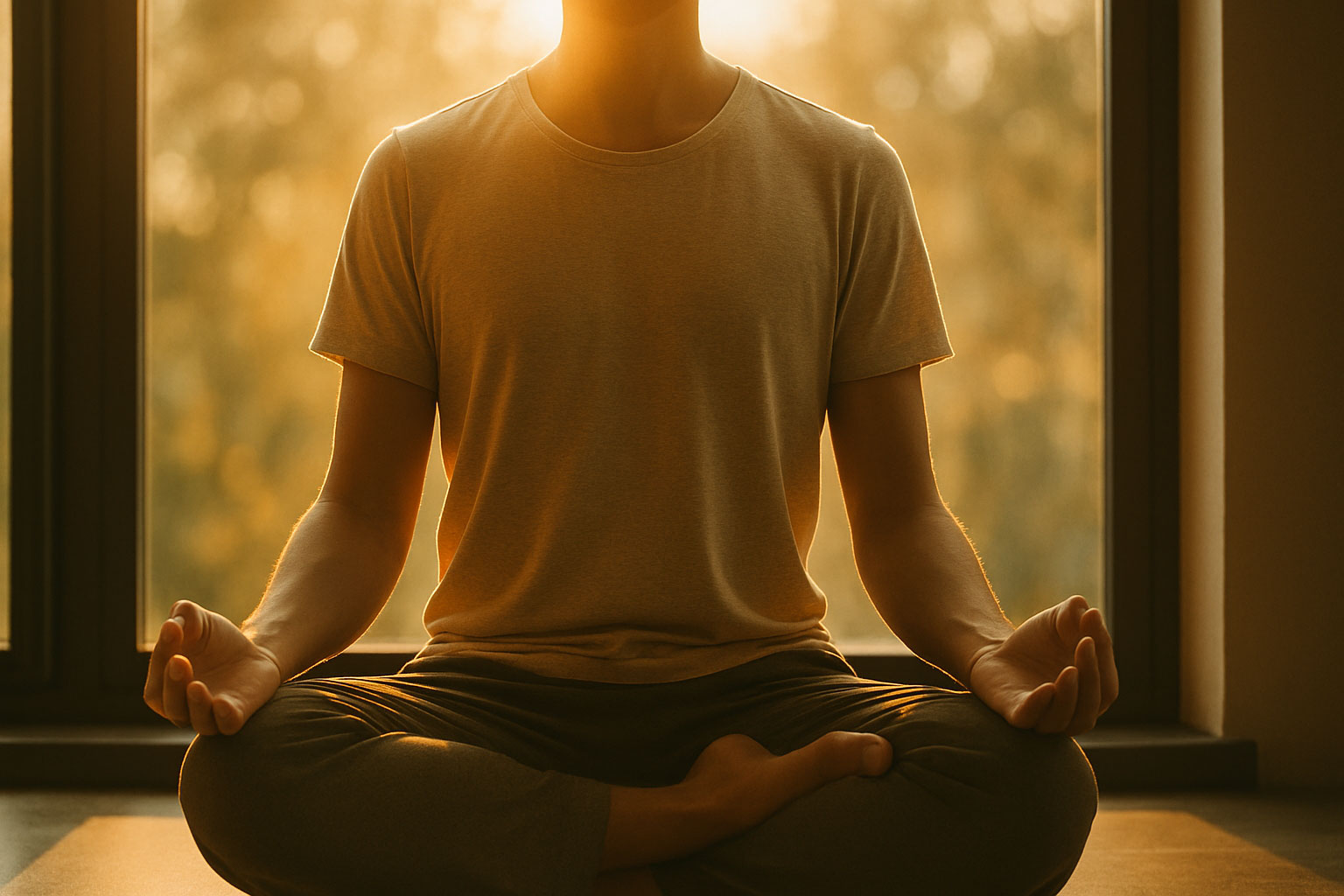 Meditating person in warm window light, serene focus showing the power of the subconscious mind.