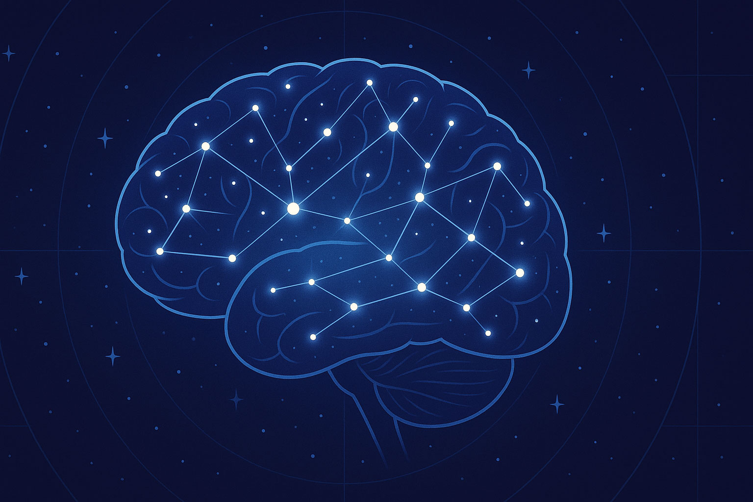 Editorial brain diagram with glowing pathways at night, highlighting the power of the subconscious mind.