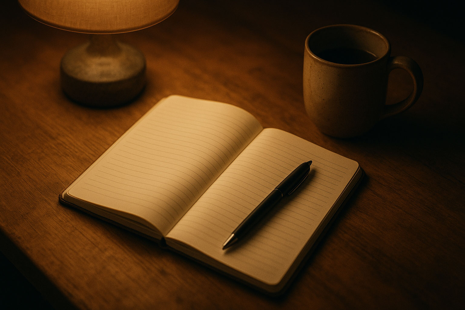 Photoreal journal on wooden desk, soft lamp glow reinforcing the power of the subconscious mind.