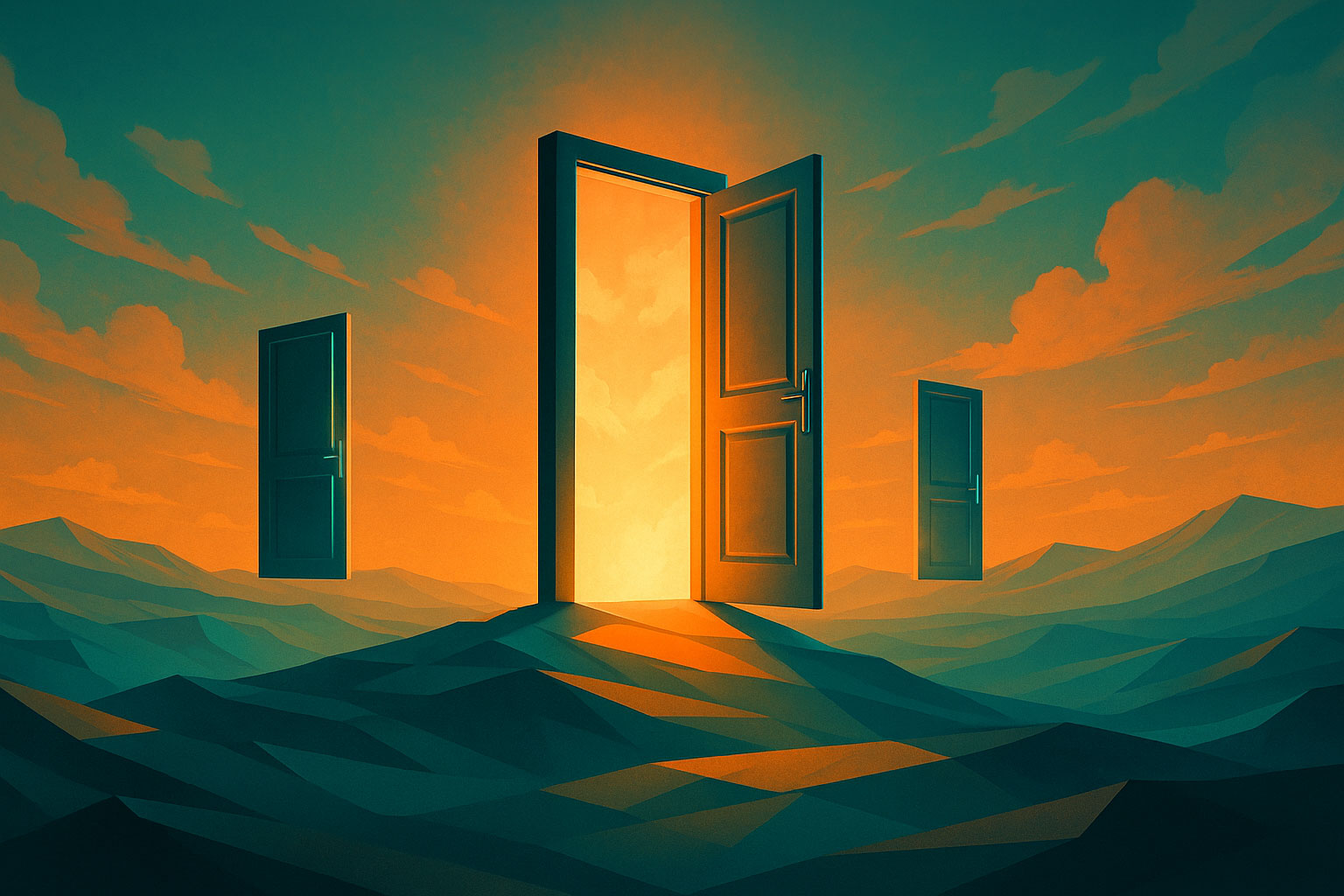 Surreal landscape of floating doors into light, symbolizing access to the power of the subconscious mind.