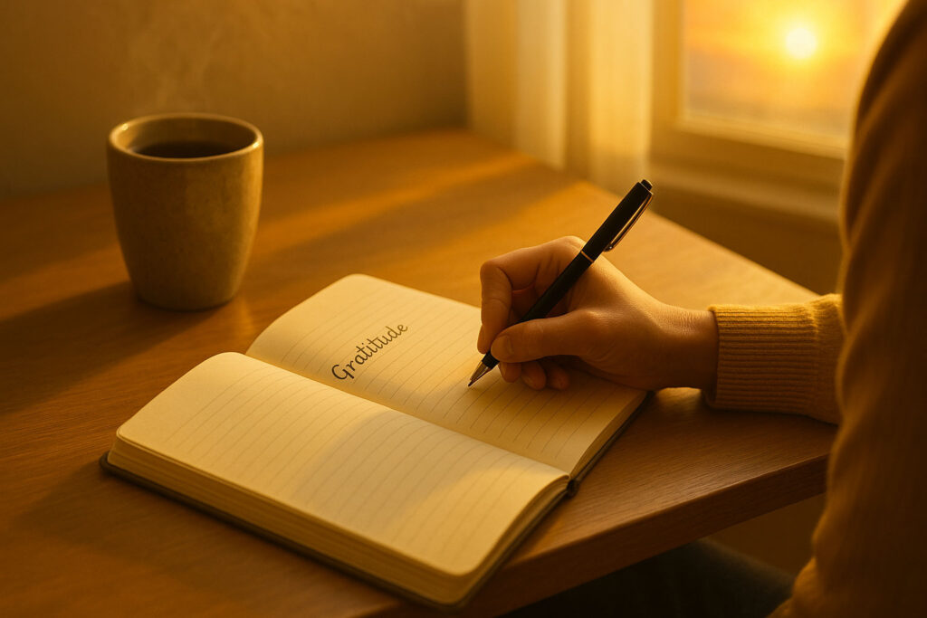 Person writing in a gratitude journal at sunrise, warm light filling the room
