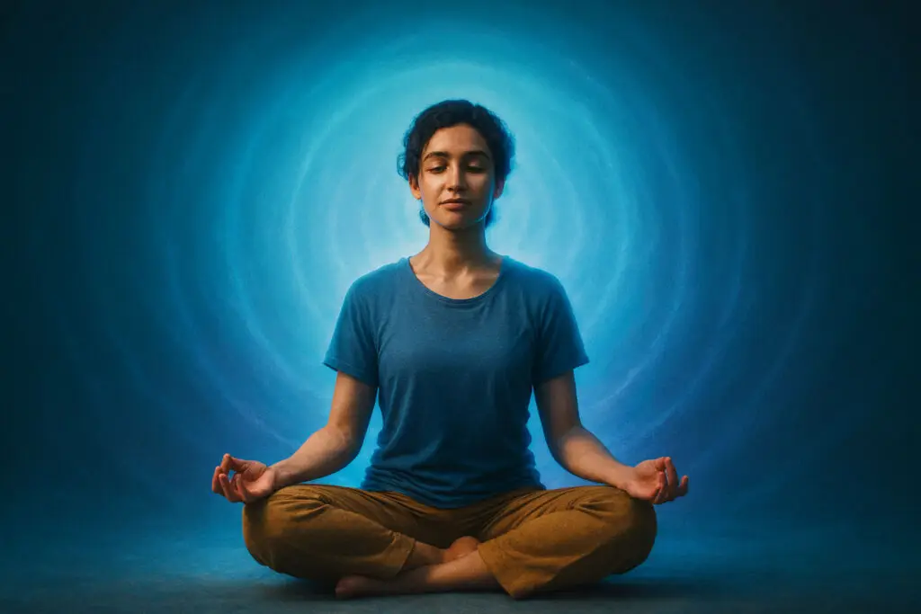 Person sitting cross-legged in meditation, glowing aura of calm energy surrounding them