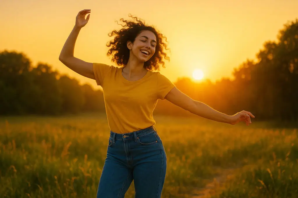 Joyful person dancing freely outdoors under the sun, radiating high energy