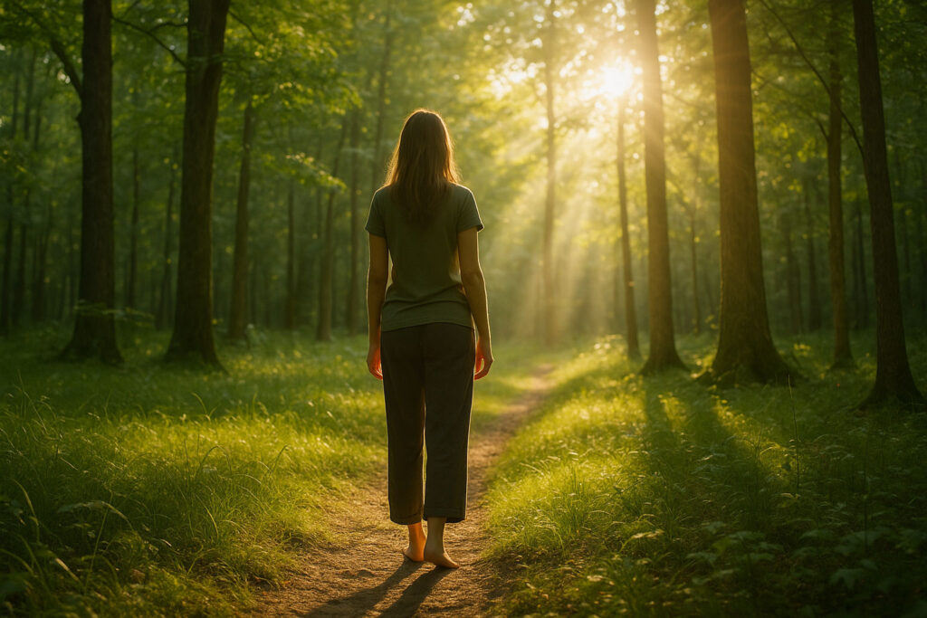Person standing barefoot on grass in a peaceful forest with sunlight streaming through the trees.