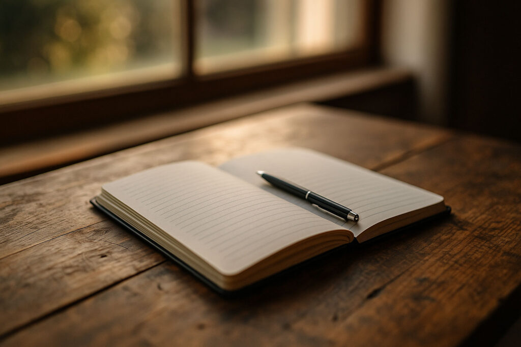 Open notebook and pen on a rustic wooden table in natural light
