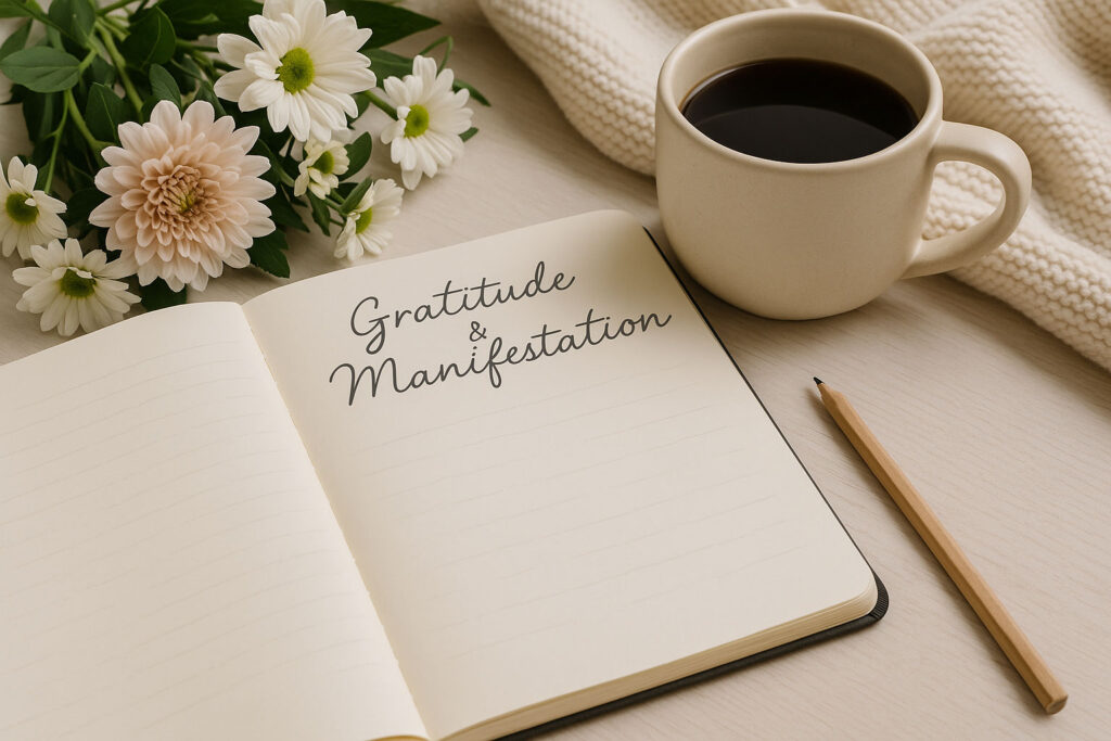 Cozy morning scene with journal, coffee, and fresh flowers on a rustic table symbolizing gratitude scripting