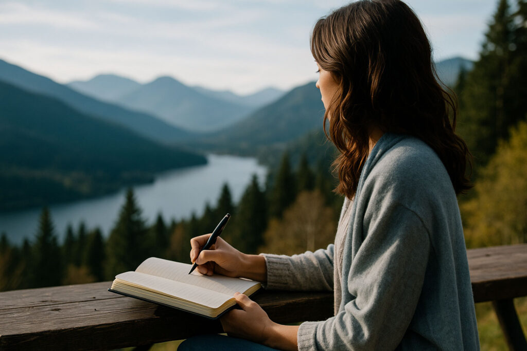 Woman journaling in a notebook while overlooking mountains and a lake, representing visualization practice
