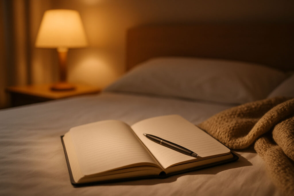 Open notebook on a bed with soft lamplight and blanket, symbolizing peaceful evening scripting ritual
