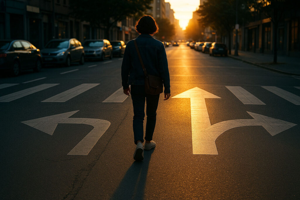 Person walking through a sunlit city intersection with multiple arrows painted on the road, choosing a bright forward path to reflect how self concept guides behavior.