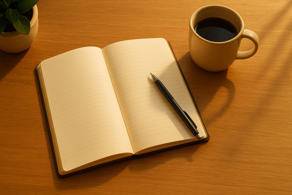 Overhead view of an open notebook with a pen, coffee mug, and small plant on a sunlit wooden desk representing a self concept audit.