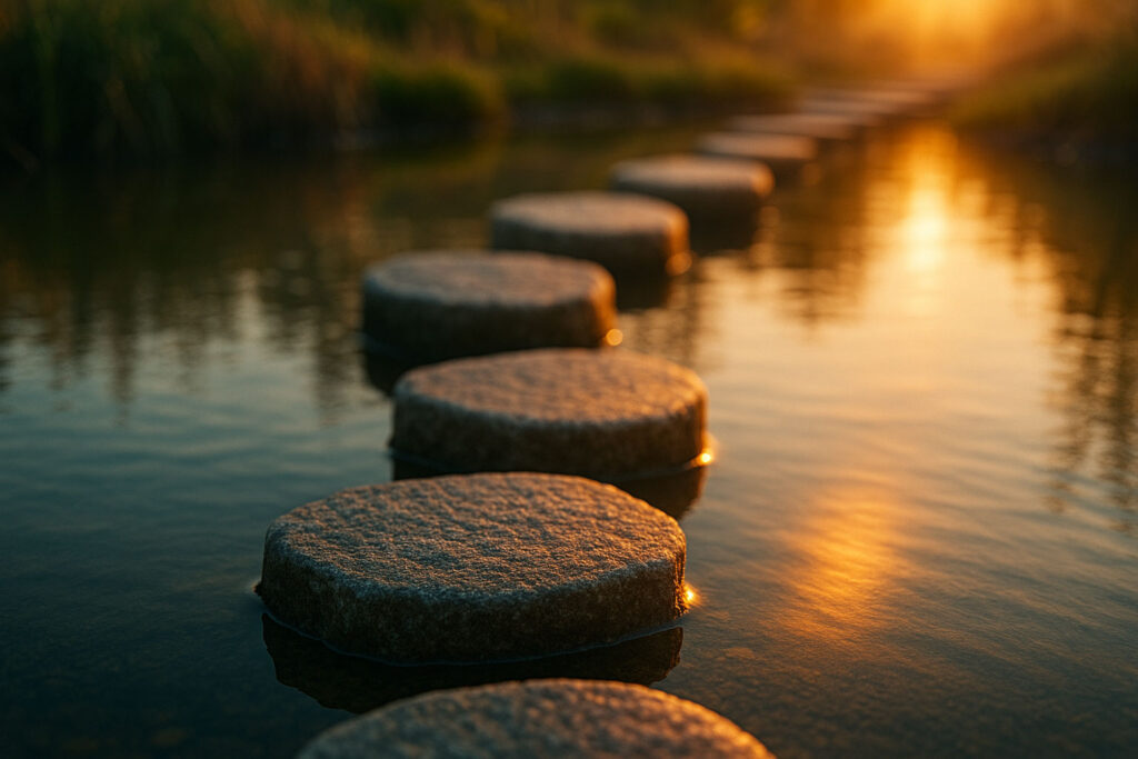 Stepping stones forming a brightening path across calm water at sunset, symbolizing step-by-step improvement of self concept.