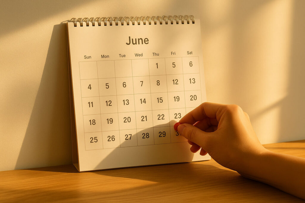 Hand placing a colored dot on a realistic monthly wall calendar with numbered dates in a 7-column grid, photographed in warm sunlight.