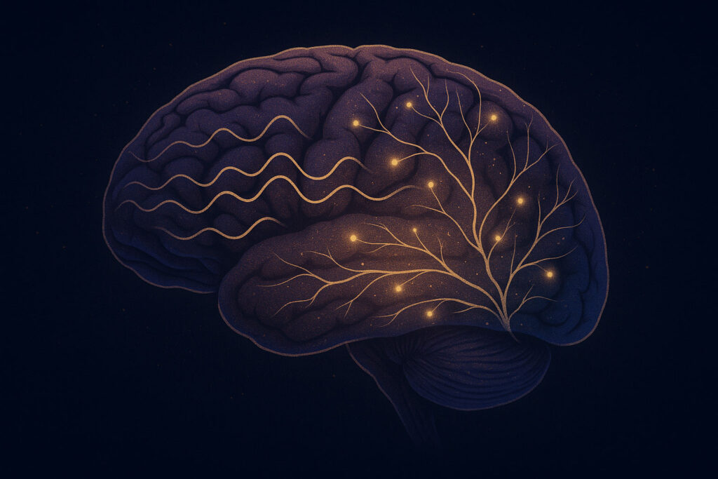 Brain illustration showing calm neural waves related to sleep cycles.