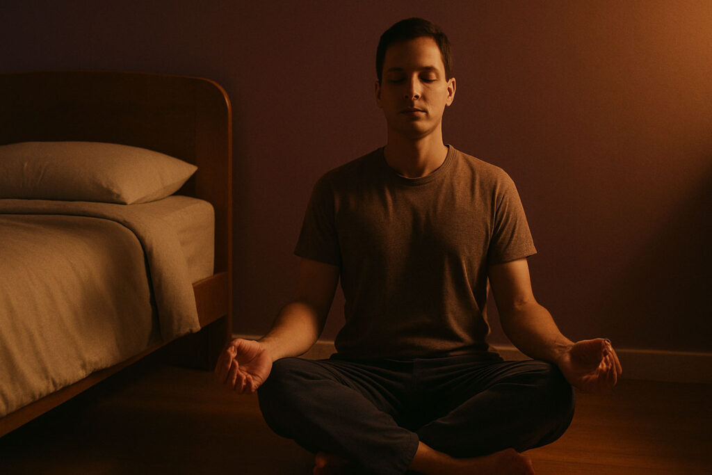 Person meditating beside bed as part of sleep routine.