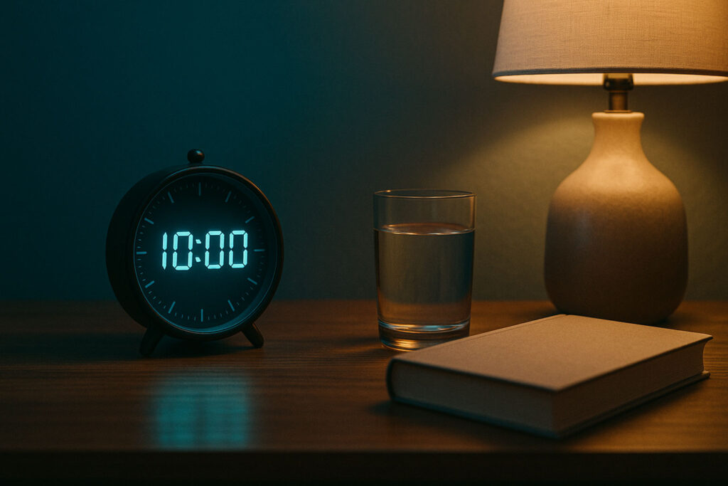 Nightstand with alarm clock, book, and glass of water for healthy sleep habits.