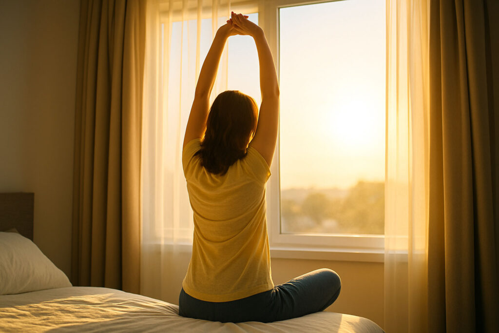 Person stretching by window in morning sunlight for circadian reset.
