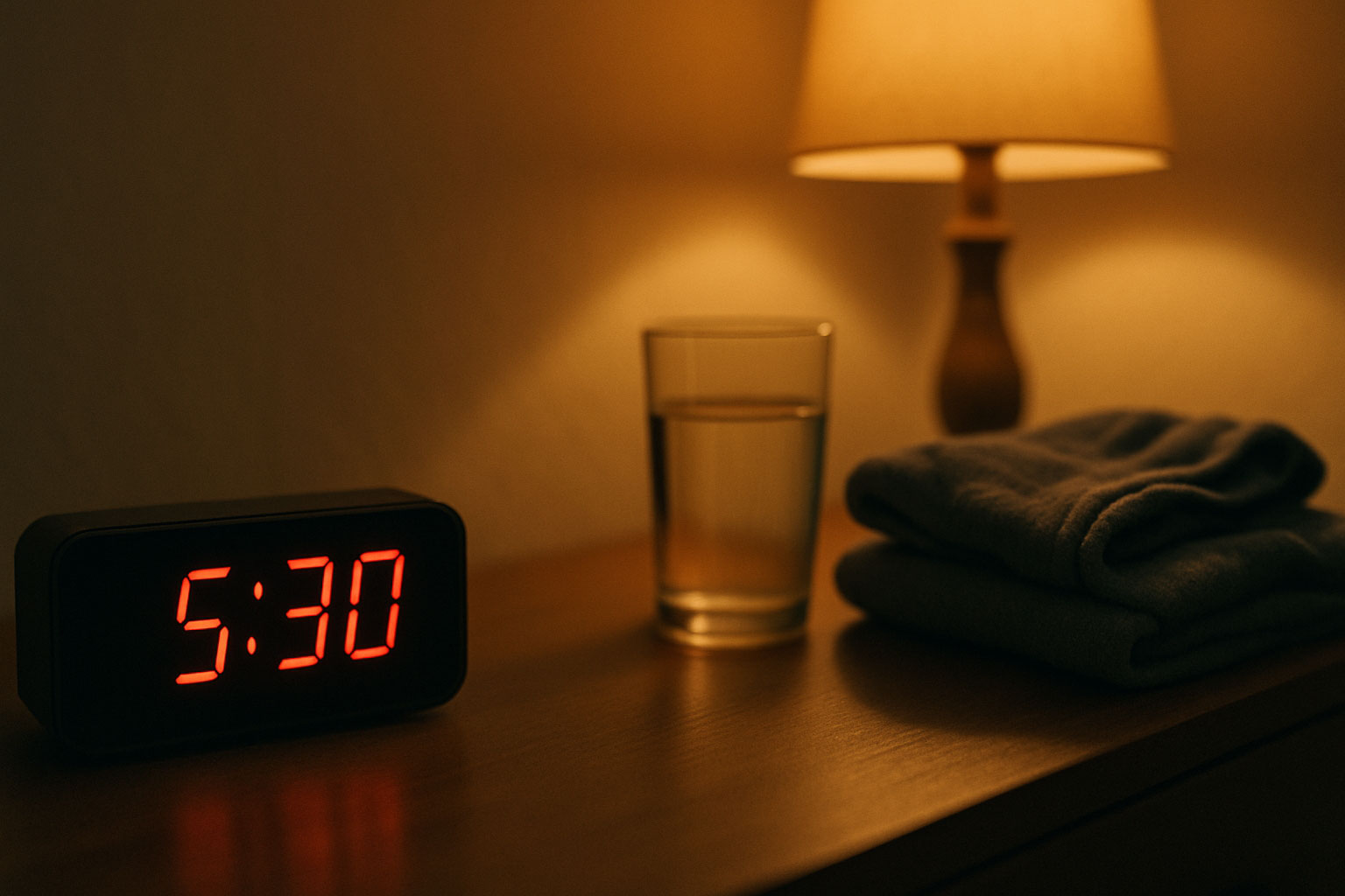 Bedside alarm across the room signals rising early through stoicism and discipline without hesitation.