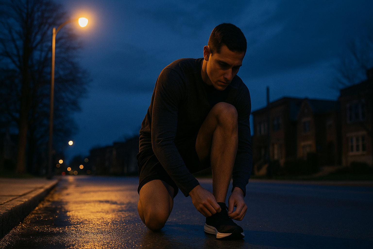 Runner lacing shoes under a blue pre-dawn sky, practicing stoicism and discipline with calm focus.