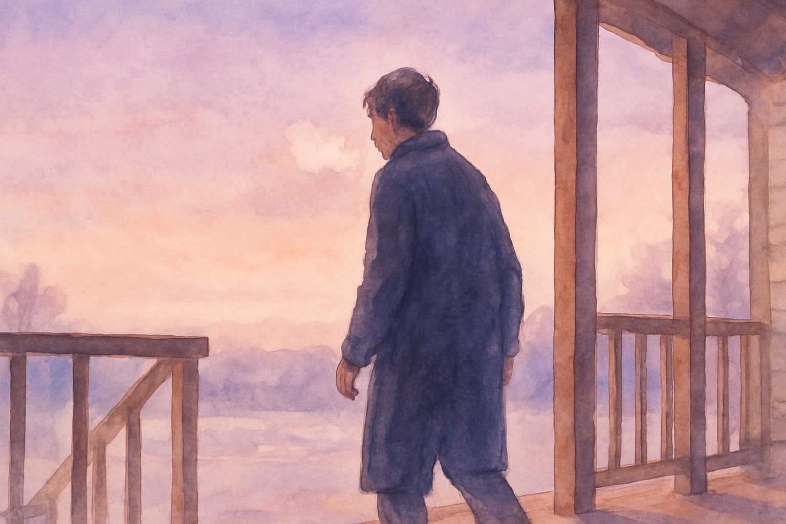 Watercolor figure greeting cool dawn air, embodying stoicism and discipline in gentle practice.