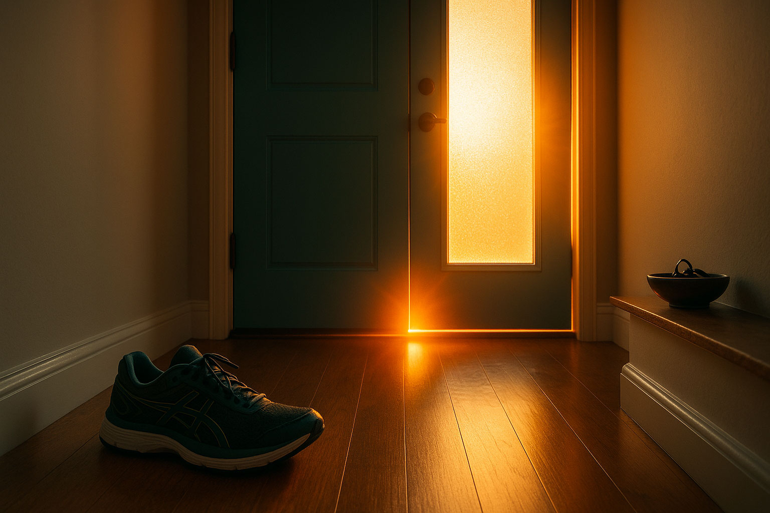 Doorway glowing with sunrise as shoes and keys wait, symbolizing stoicism and discipline each morning.