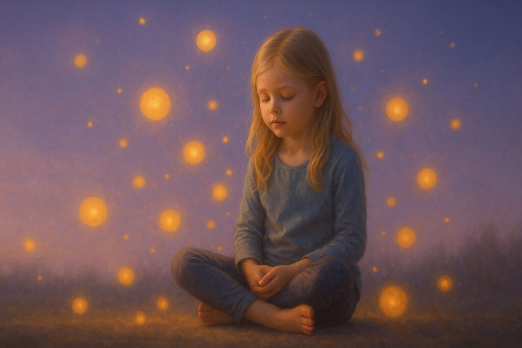 Child surrounded by glowing orbs representing subconscious beliefs forming.