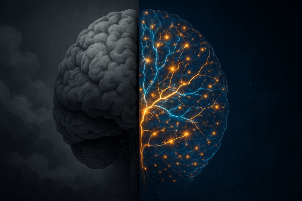 Split brain illustration showing transformation from old subconscious patterns to new ones.