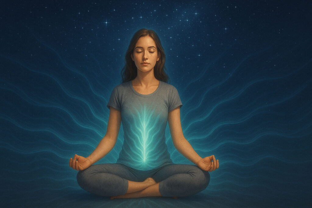 Woman meditating with waves of light symbolizing subconscious reprogramming through meditation.