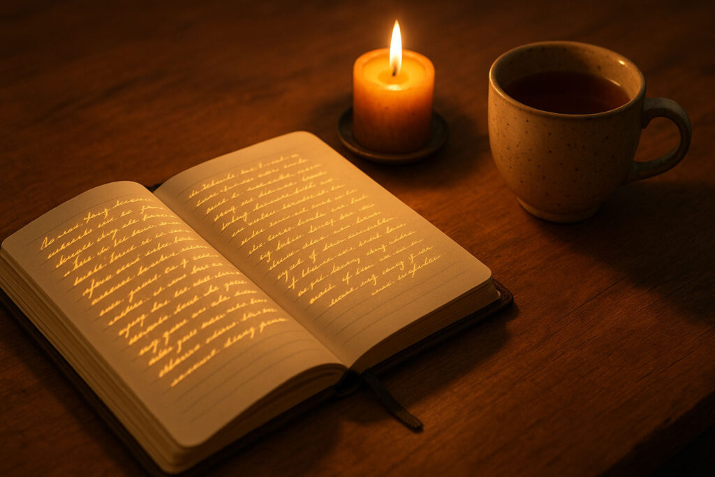 Journal on desk with glowing notes representing subconscious reprogramming through writing.