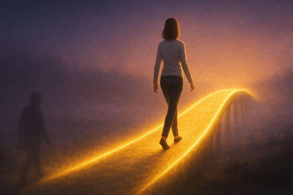 Woman walking across glowing bridge symbolizing transformation through subconscious mind reprogramming.