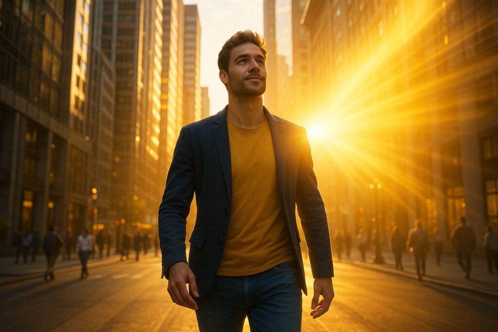Confident person walking through a cityscape with golden sunlight, symbolizing new beliefs shaping reality