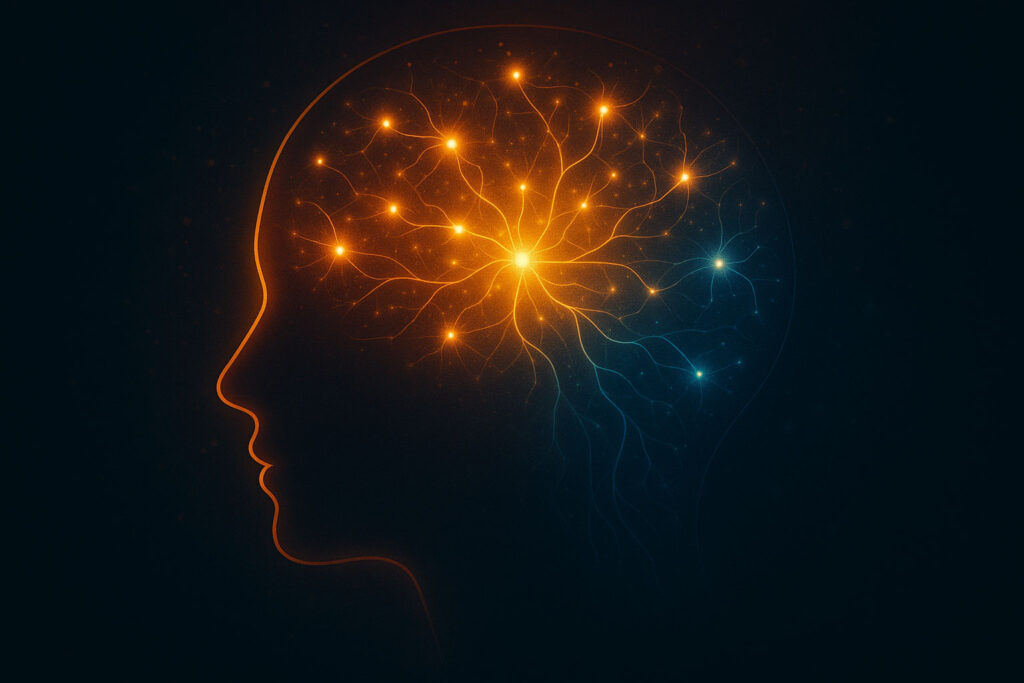 Abstract glowing neural pathways inside a human head silhouette, symbolizing subconscious mind reprogramming
