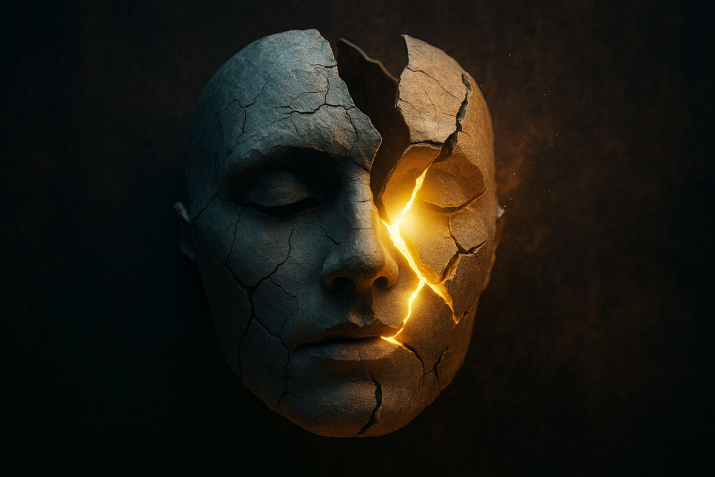 Cracked mask with golden light emerging, symbolizing breaking free from limiting beliefs
