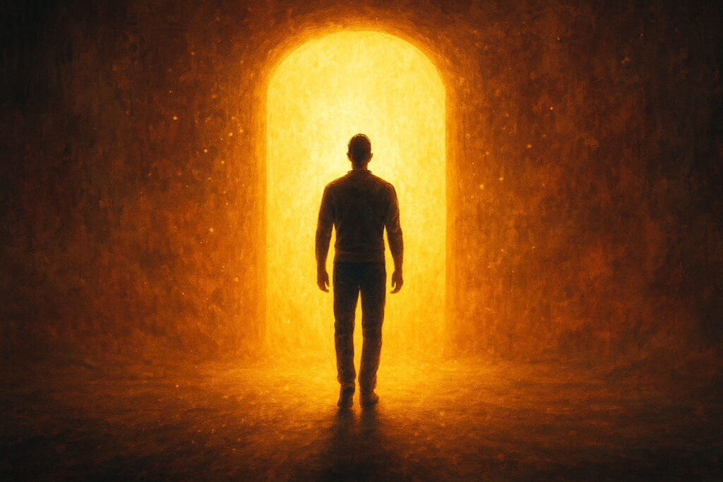 Person standing before a glowing doorway of light, symbolizing stepping into a new future self