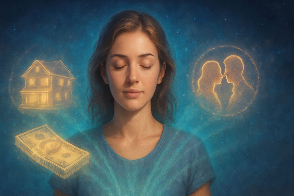 Woman surrounded by glowing visions of goals representing the process of visualization for manifestation.