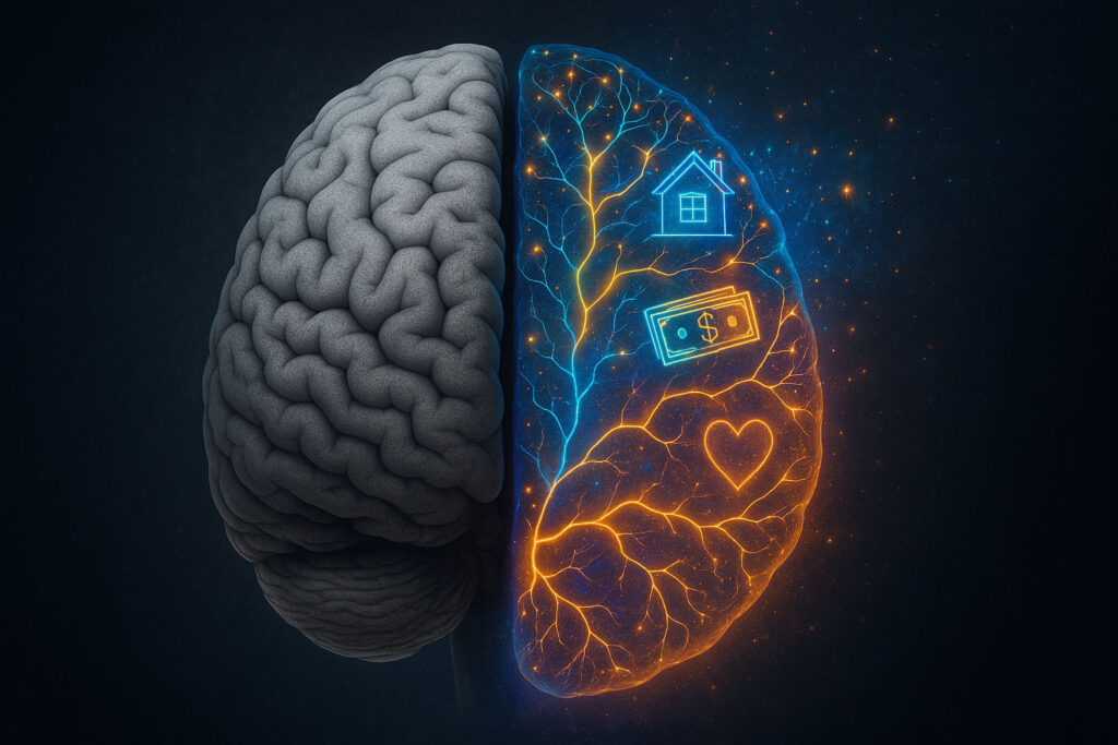 Brain illustration showing transformation from ordinary thought to visualization-driven manifestation.