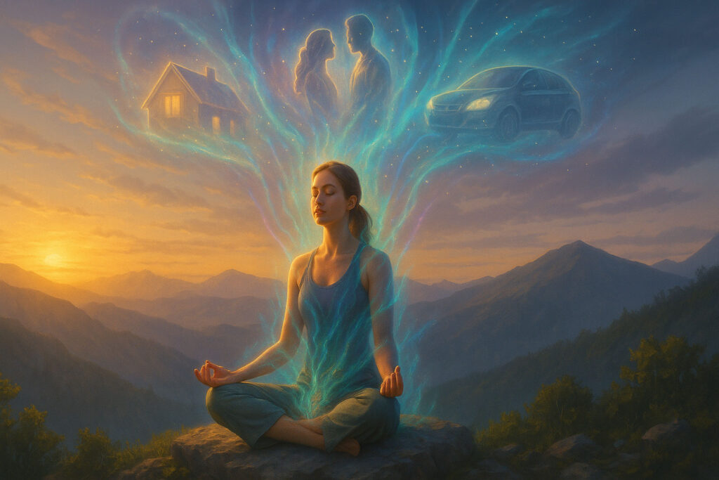 Woman meditating with glowing energy streams forming visions in the sky symbolizing manifestation.
