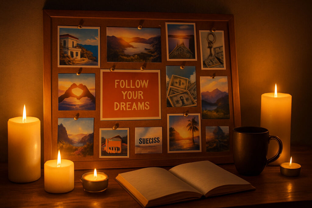 Vision board on a desk surrounded by candles symbolizing visualization tools.