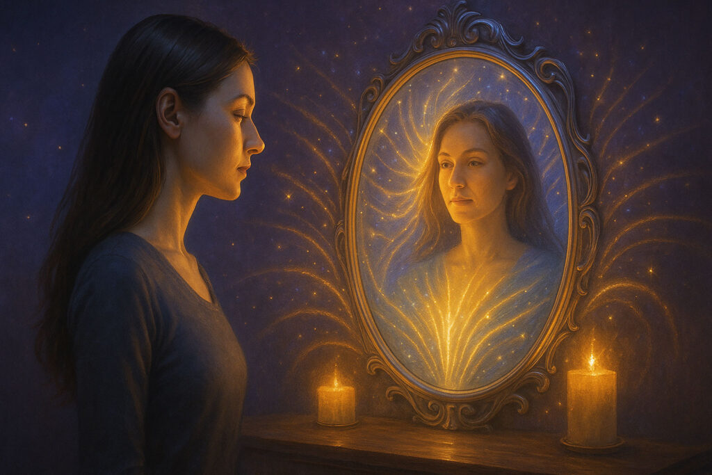 Woman seeing her future self in a glowing mirror as a visualization manifestation technique.