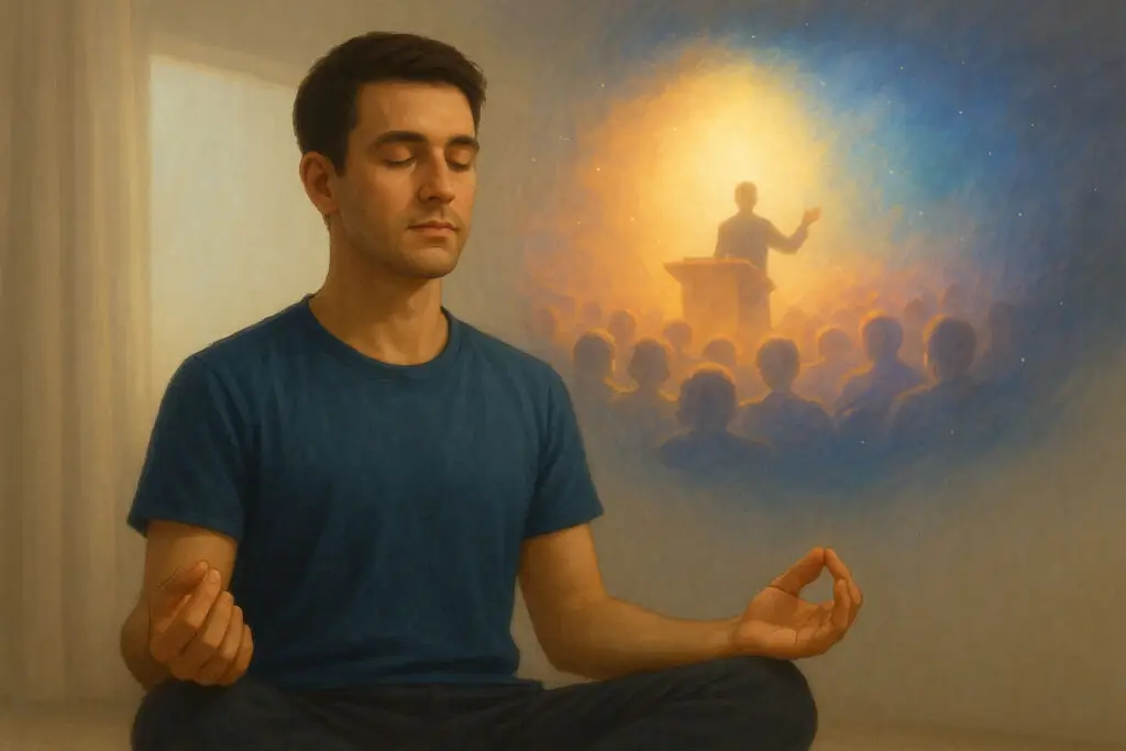 Man meditating with eyes closed while imagining a glowing scene of success on a stage, representing the movie screen visualization method