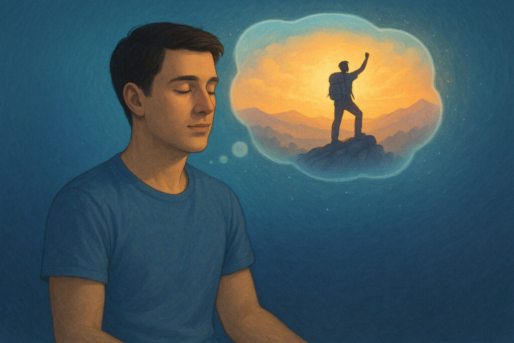 Person with eyes closed visualizing a vibrant scene of climbing a mountain, surrounded by colorful light, representing multi-sensory visualization