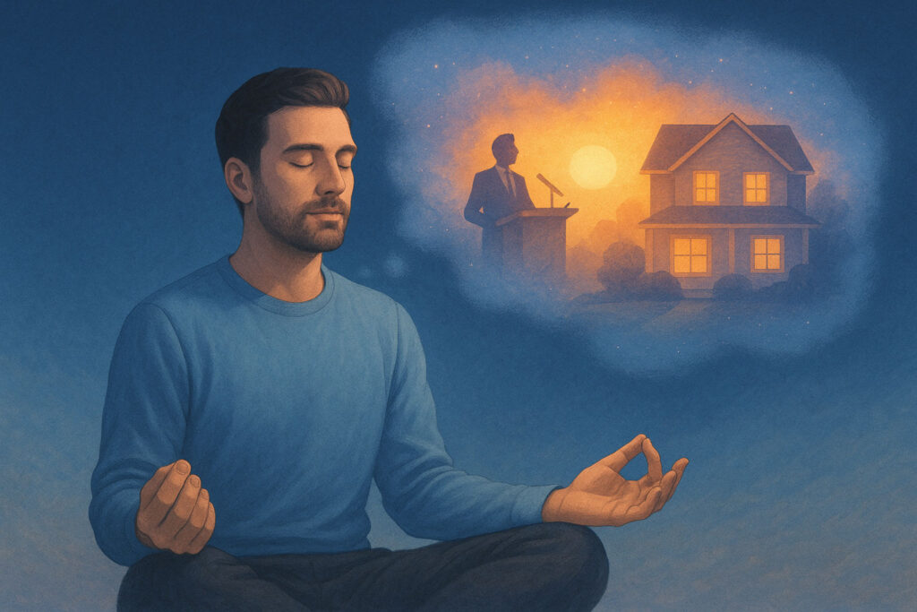 Man meditating while visualizing a house and career success in glowing imagery, symbolizing scripted visualization techniques
