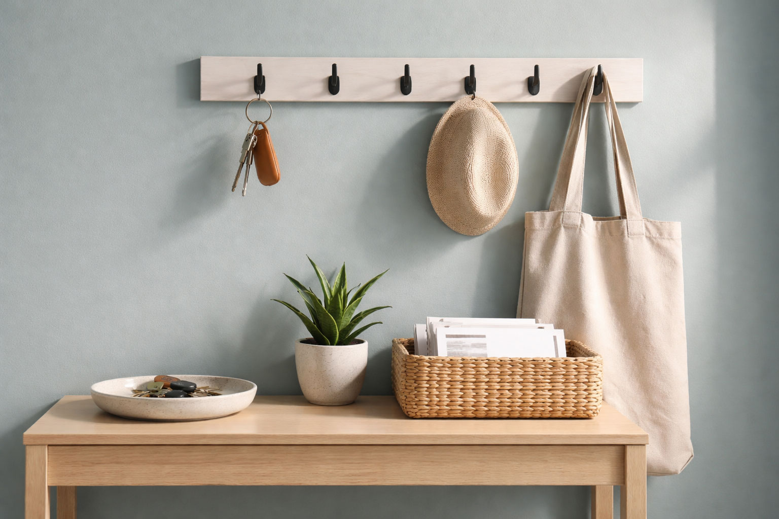 Minimal entryway reset station supports how to cleanse negative energy in your home daily.