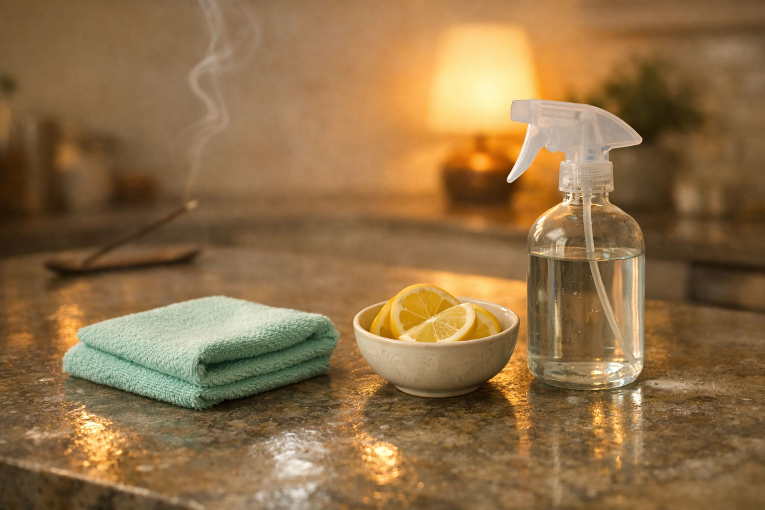 Clean countertop and simple ritual items teach how to cleanse negative energy in your home.