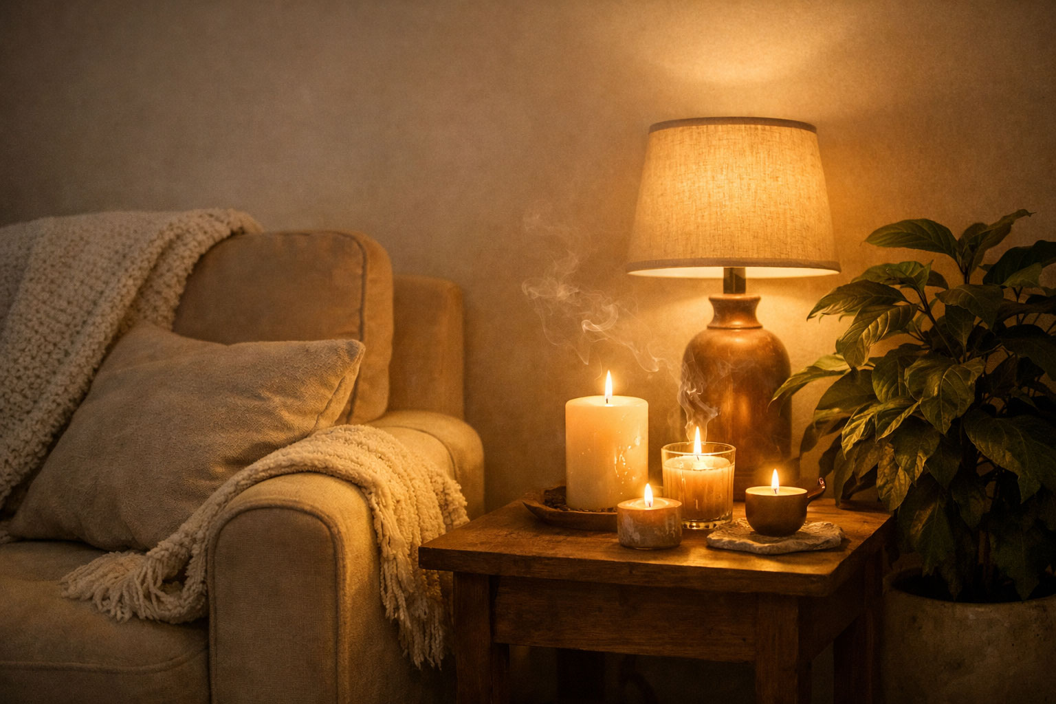 A cozy dimly lit corner with candles, showing how a calming environment can help regulate your nervous system.