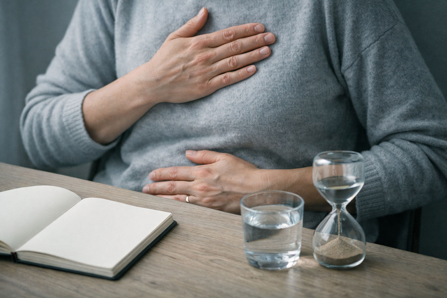 Hands on heart and belly, practice for how to stop people pleasing without feeling guilty.