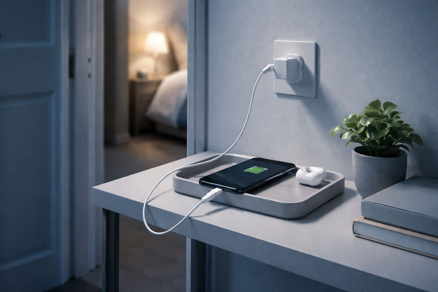 Charging station outside bedroom helps how to stop revenge bedtime procrastination by adding distance from the phone.